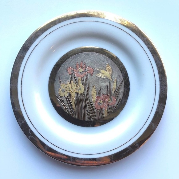 Japanese Hummingbird Plate decor Gold Art Chokin Rare Collector Ornate - Picture 1 of 6